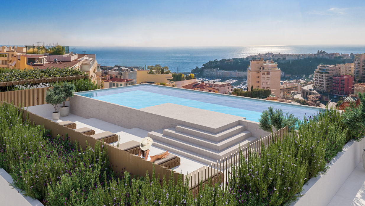 Voici la piscine sur le toit du programme immobilier 29 Beausoleil à Monaco.